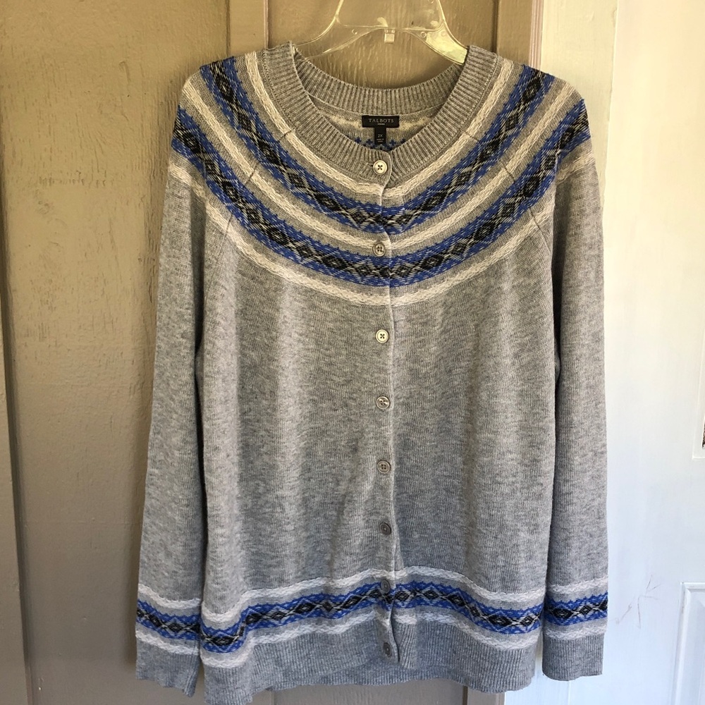 Talbots Fair Isle Button Down Cardigan Sweater Wool Blend Size 2X has flaw